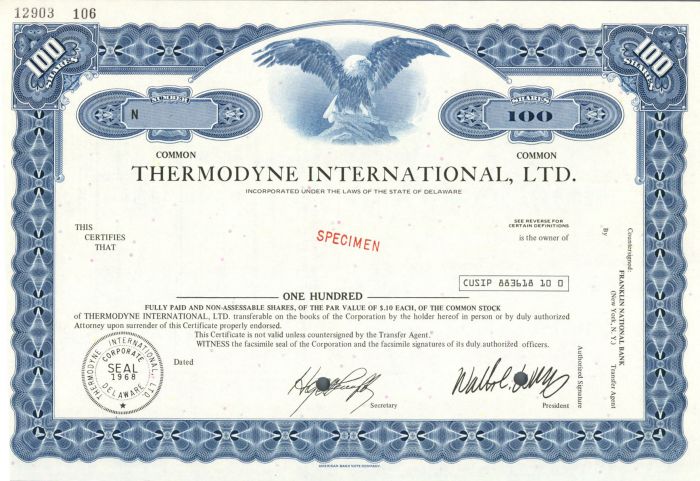 Thermodyne International, Ltd. - Specimen Stock Certificate