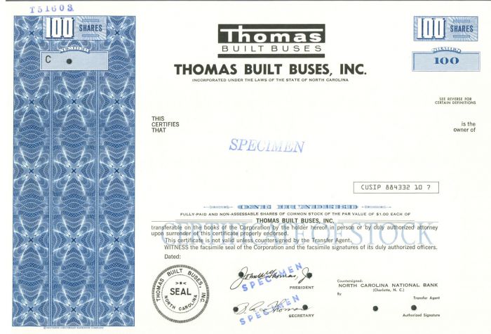 Thomas Built Buses, Inc. - Specimen Stock Certificate