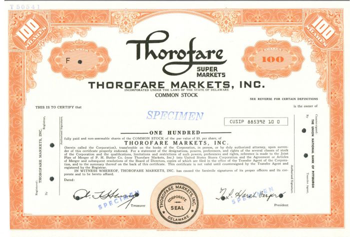 Thorofare Markets, Inc. - Specimen Stock Certificate