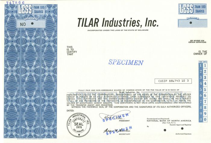 Tilar Industries, Inc. - Specimen Stock Certificate