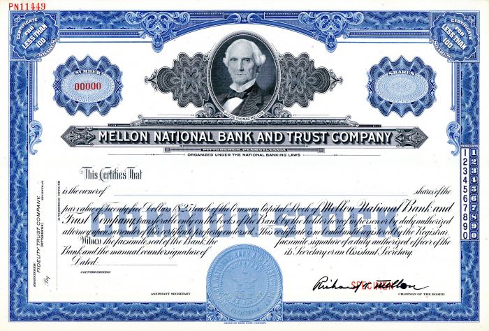 Mellon National Bank and Trust Co. - Specimen Stock Certificate - Vignette of Judge Thomas Mellon