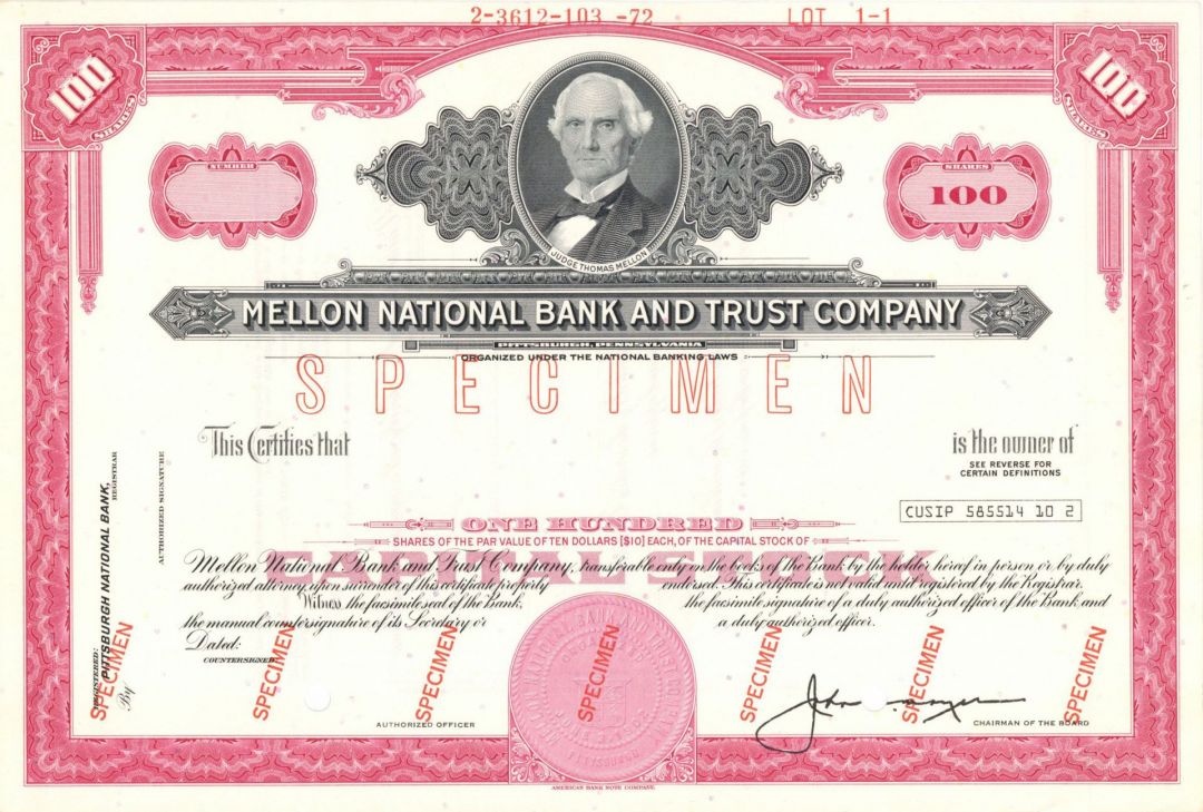 Mellon National Bank and Trust Co. - Specimen Stock Certificate - Vignette of Judge Thomas Mellon