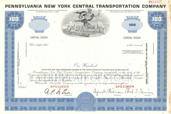 Pennsylvania, New York Central Transportation Co. - Specimen Stock Certificate