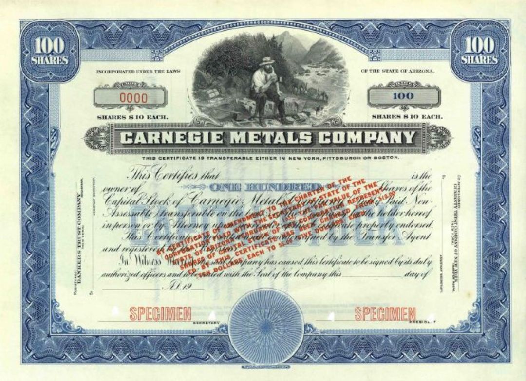 Carnegie Metals Co. - Gorgeous Specimen Stock Certificate - Most Likely Connected to Andrew Carnegie