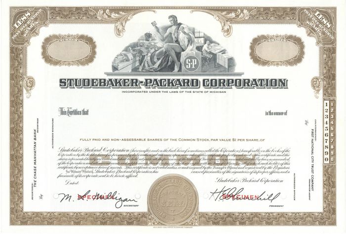 Studebaker-Packard Corporation - Automotive Specimen Stock Certificate - Famous Car Maker