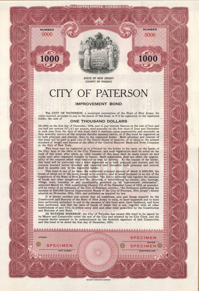 City of Paterson - $1,000 Specimen Bond