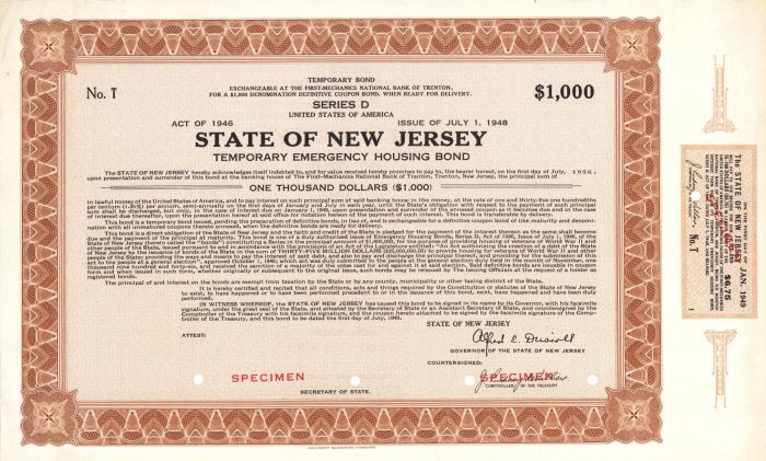 State of New Jersey - $1,000 Specimen Bond