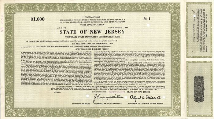 State of New Jersey - $1,000 Specimen Bond