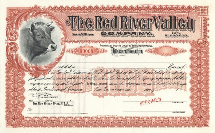 Red River Valley Co. - Cattle Vignette Specimen Stock Certificate