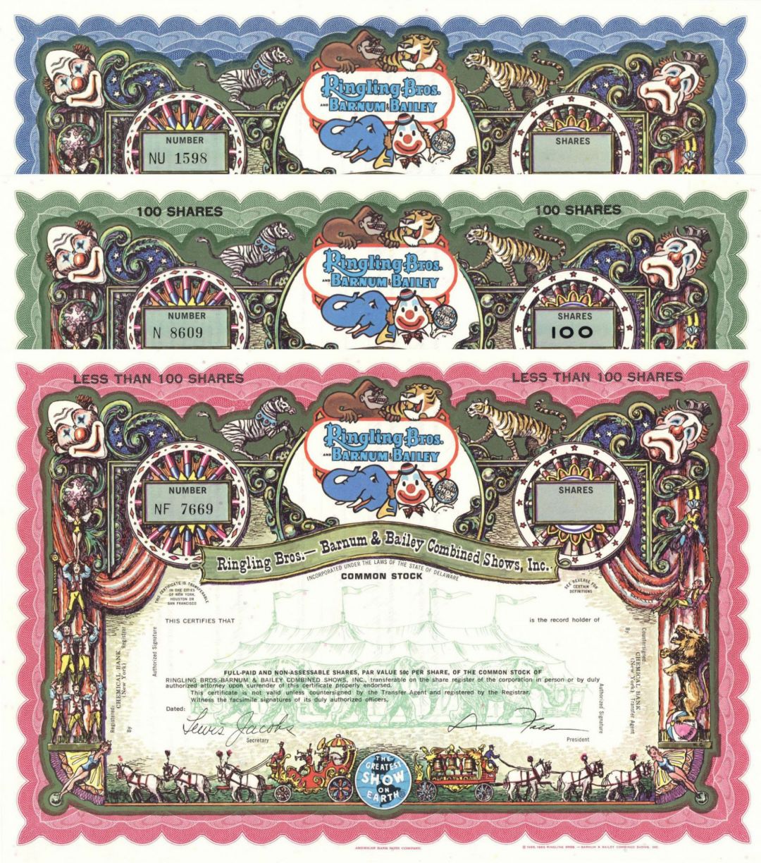 Set of Three Ringling Bros. Barnum and Bailey Combined Shows - Set of 3 Colors Multicolored Specimen Circus Stock Certificates