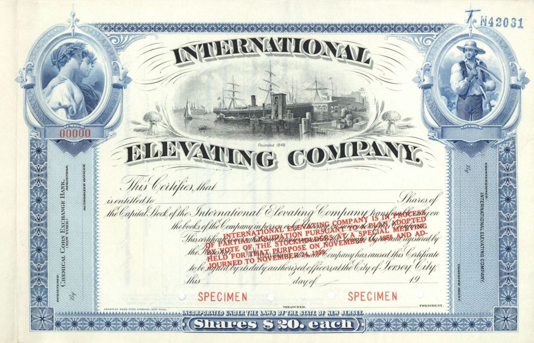 International Elevating Co. - Specimen Stock Certificate - Unique Vignette