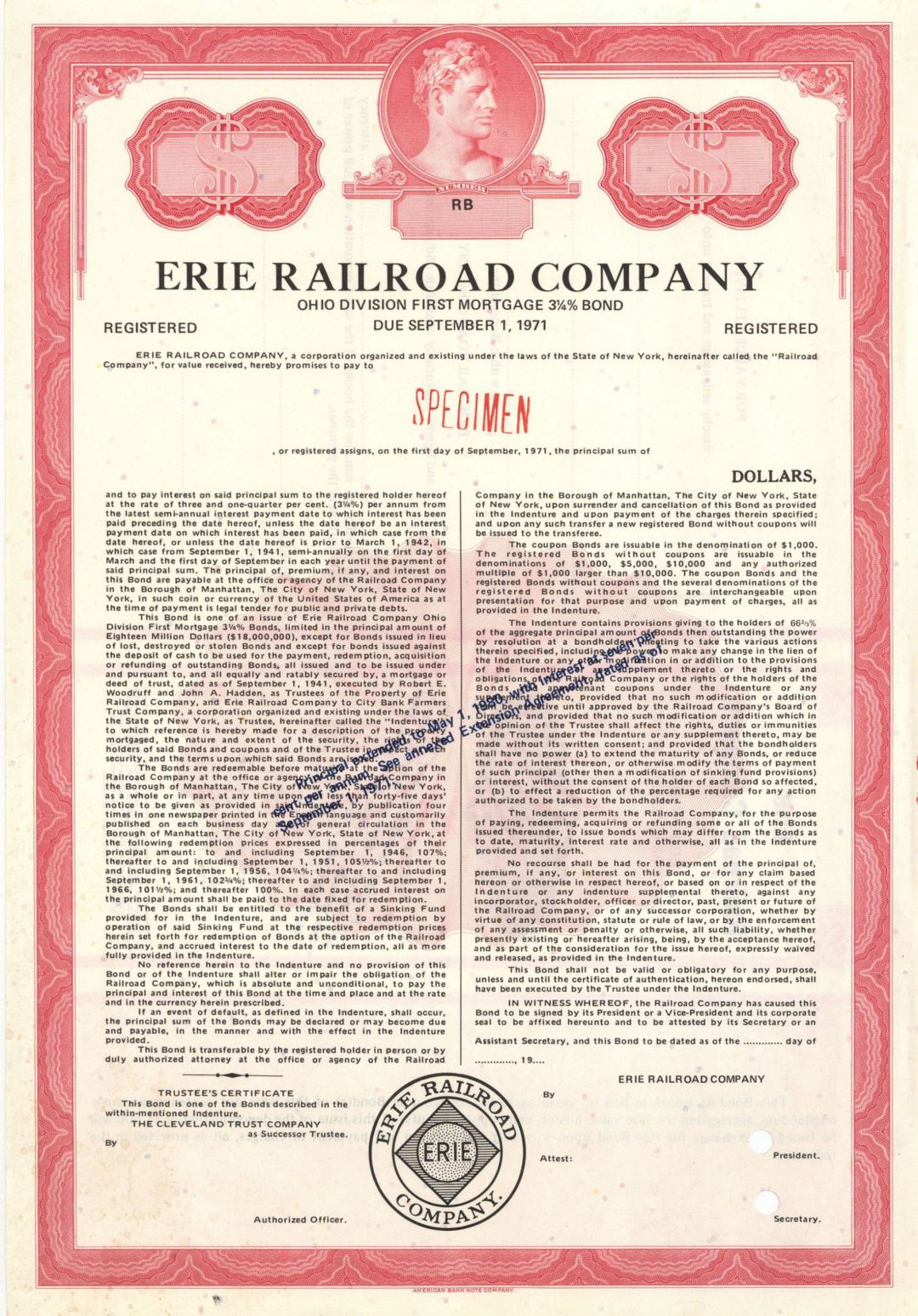 Erie Railroad Co. - Specimen Bond