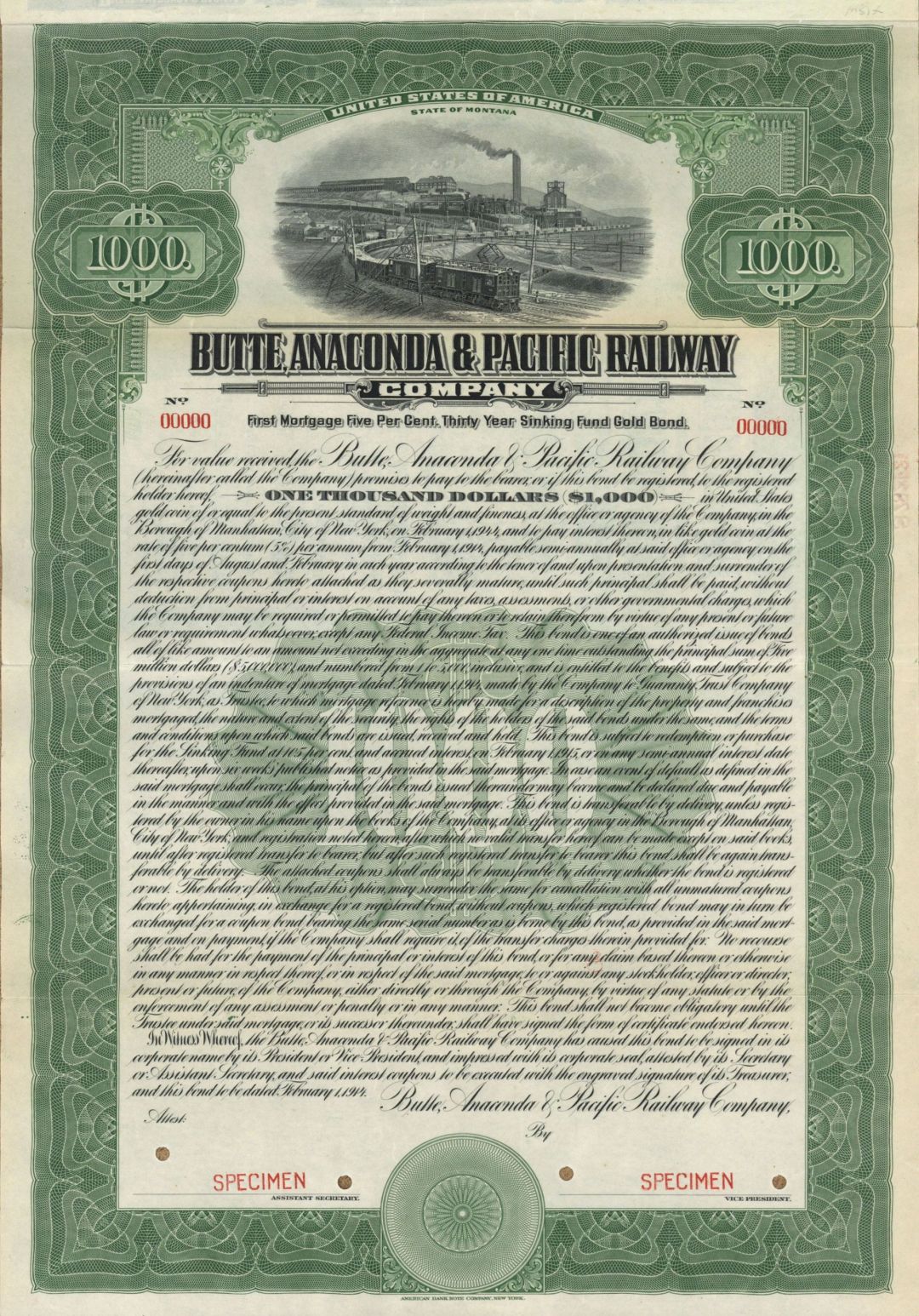 Butte, Anaconda and Pacific Railway Co. - 1914 dated $1,000 Specimen Bond