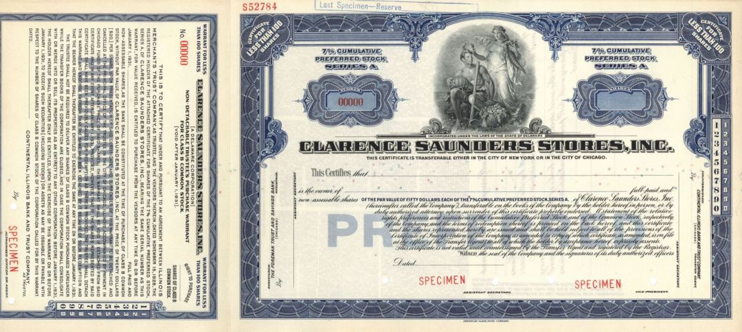 Clarence Saunders Stores, Inc. - Specimen Stock