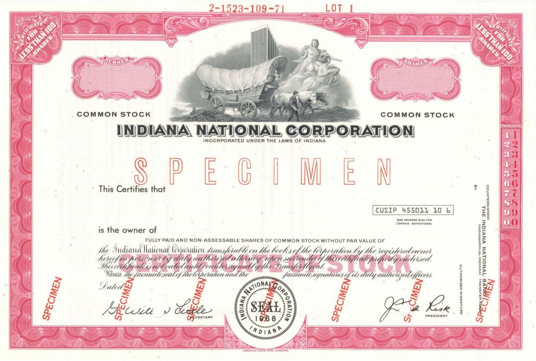 Indiana National Corp. - Specimen Stock