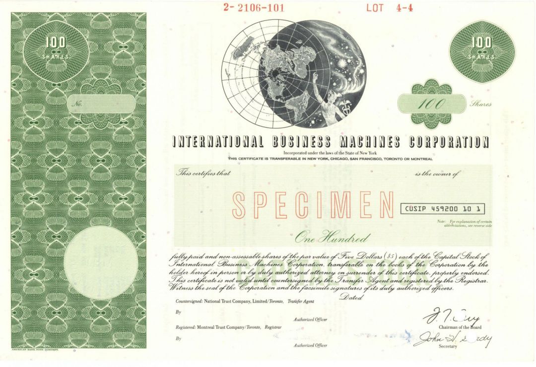 International Business Machines Corp. - IBM - Famous Computer Co. - dated 1975 Specimen Stock Certificate