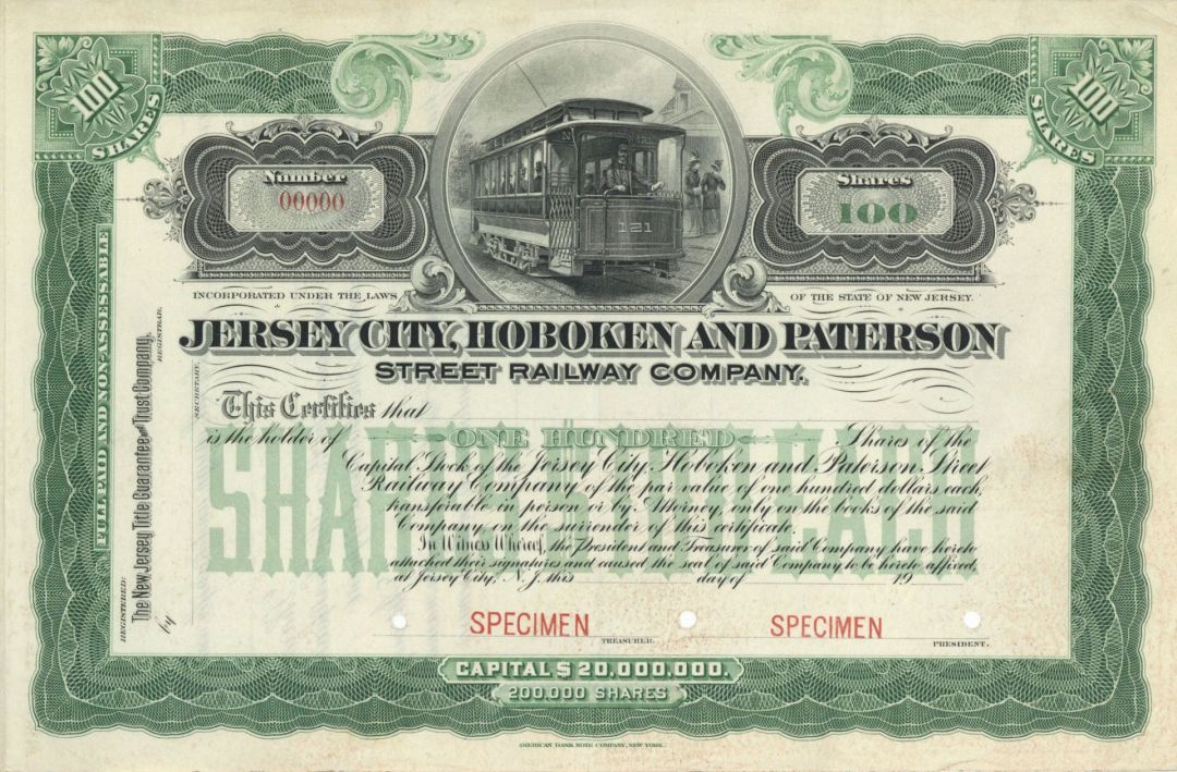 Jersey City, Hoboken and Paterson Street Railway Co. - Specimen Stock Certificate