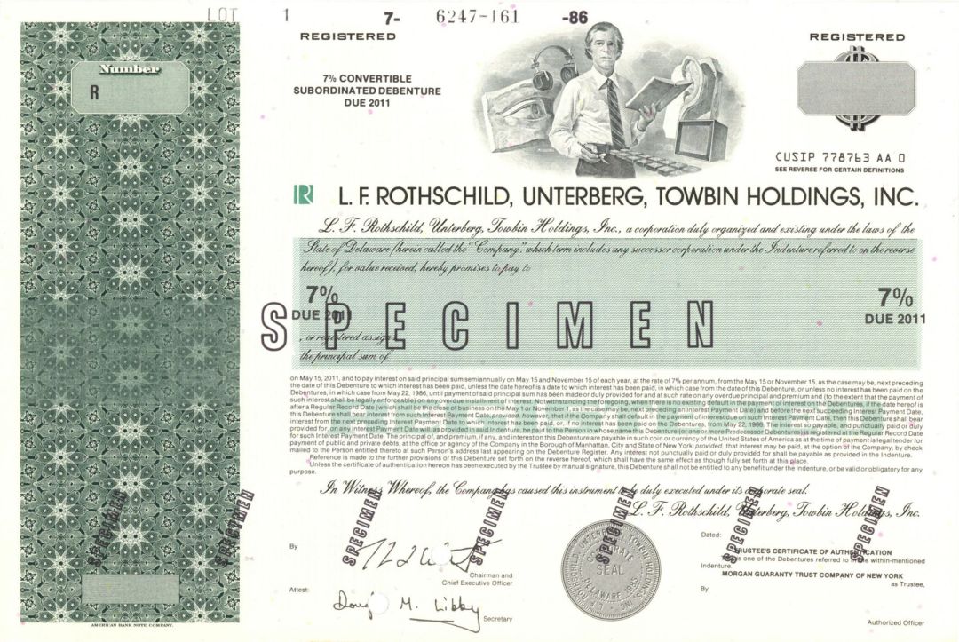 L. F. Rothschild, Unterberg, Towbin Holdings, Inc. - Specimen Bond - Very Rare