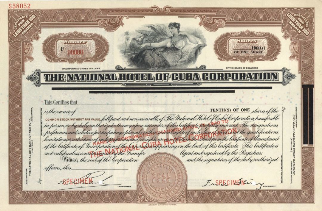 National Hotel of Cuba Corp. - Specimen Stock Certificate
