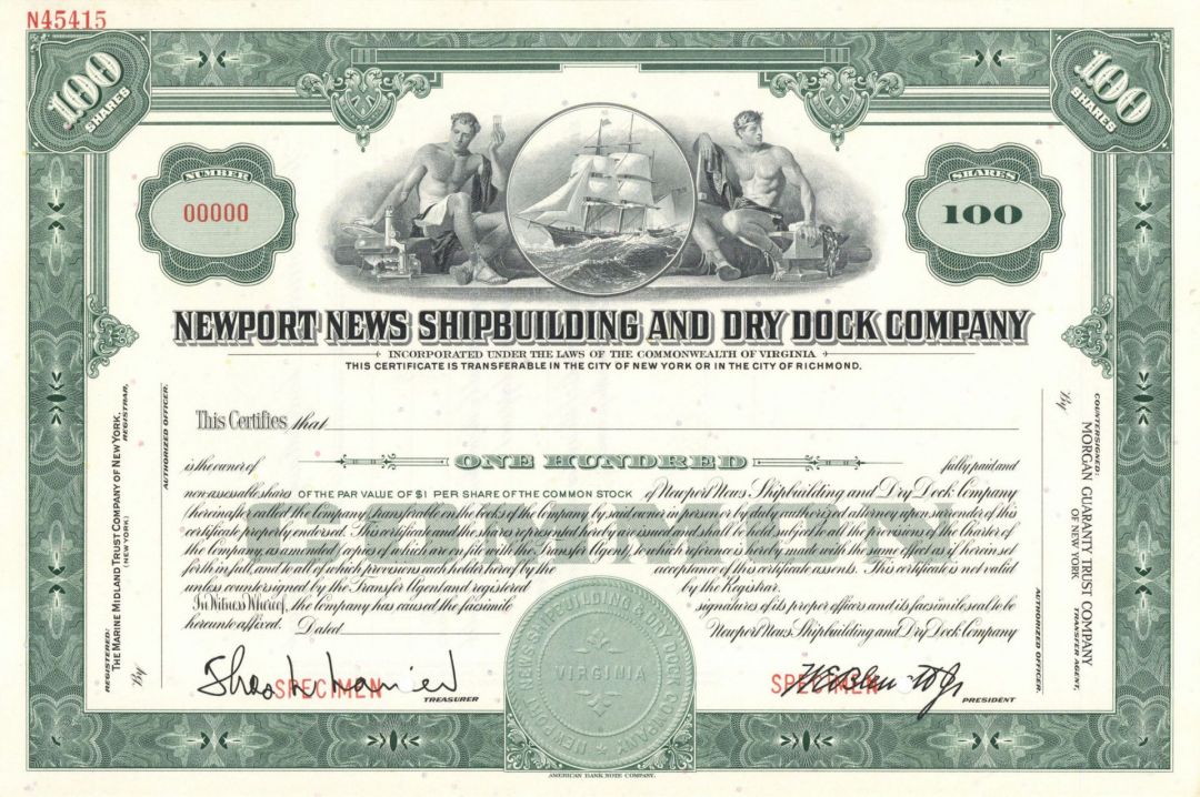 Newport News Shipbuilding and Dry Dock Co. - Specimen Stock Certificate