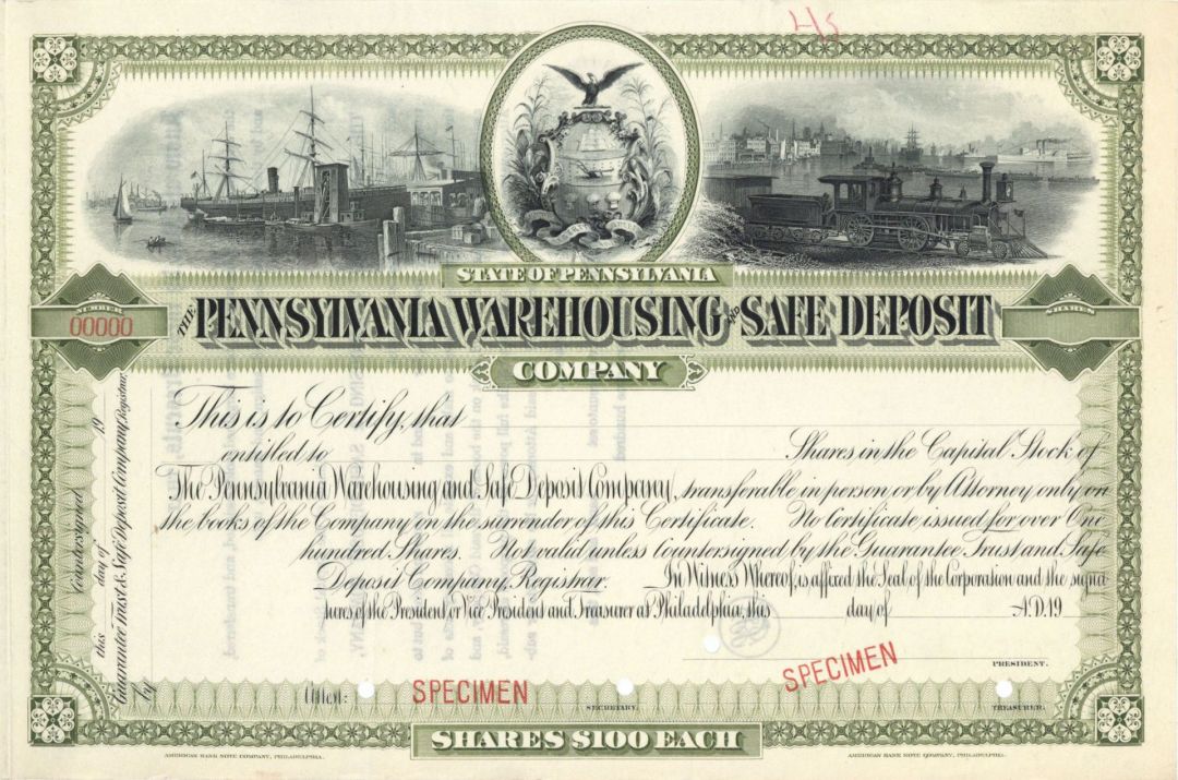 Pennsylvania Warehousing and Safe Deposit Co. - Specimen Stock Certificate