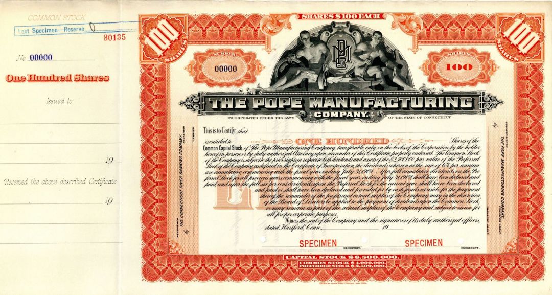 Pope Manufacturing Co. - Specimen Stock Certificate