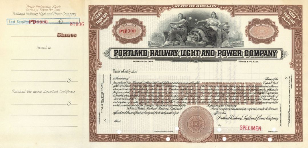 Portland Railway, Light and Power Co. - Specimen Stock Certificate