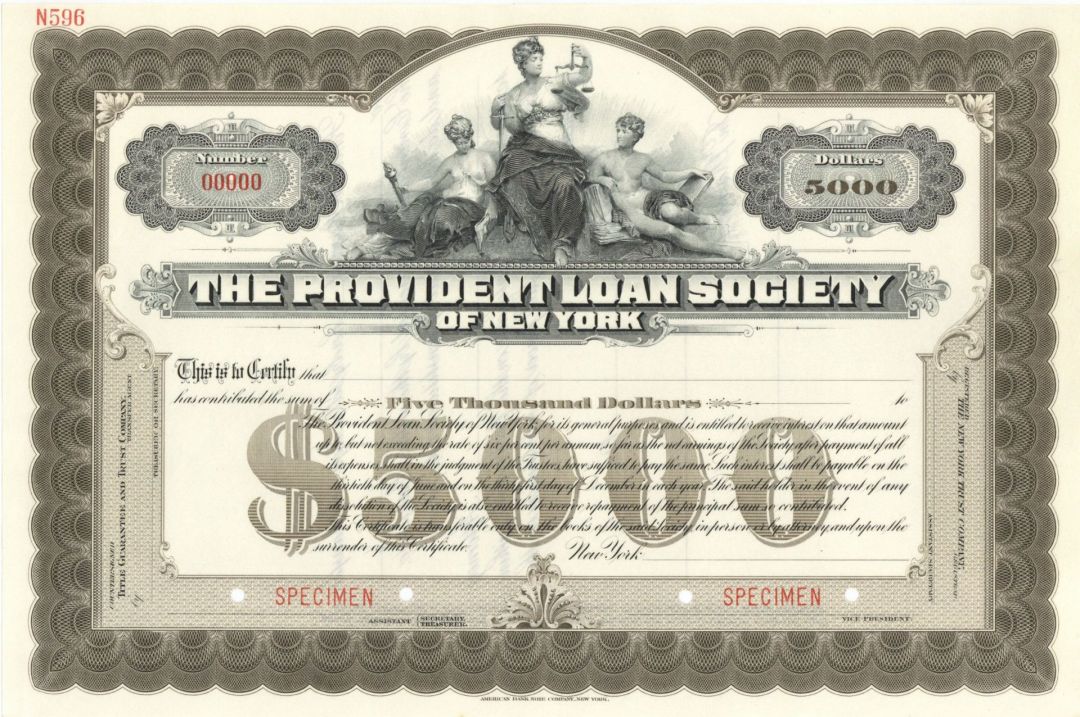 Provident Loan Society of New York - $5,000 Specimen Bond
