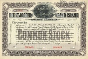 St. Joseph and Grand Island Railway Co. - circa 1900's Railroad Specimen Stock Certificate