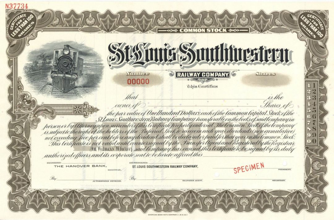 St. Louis Southwestern Railway Co. -  Specimen Stock Certificate