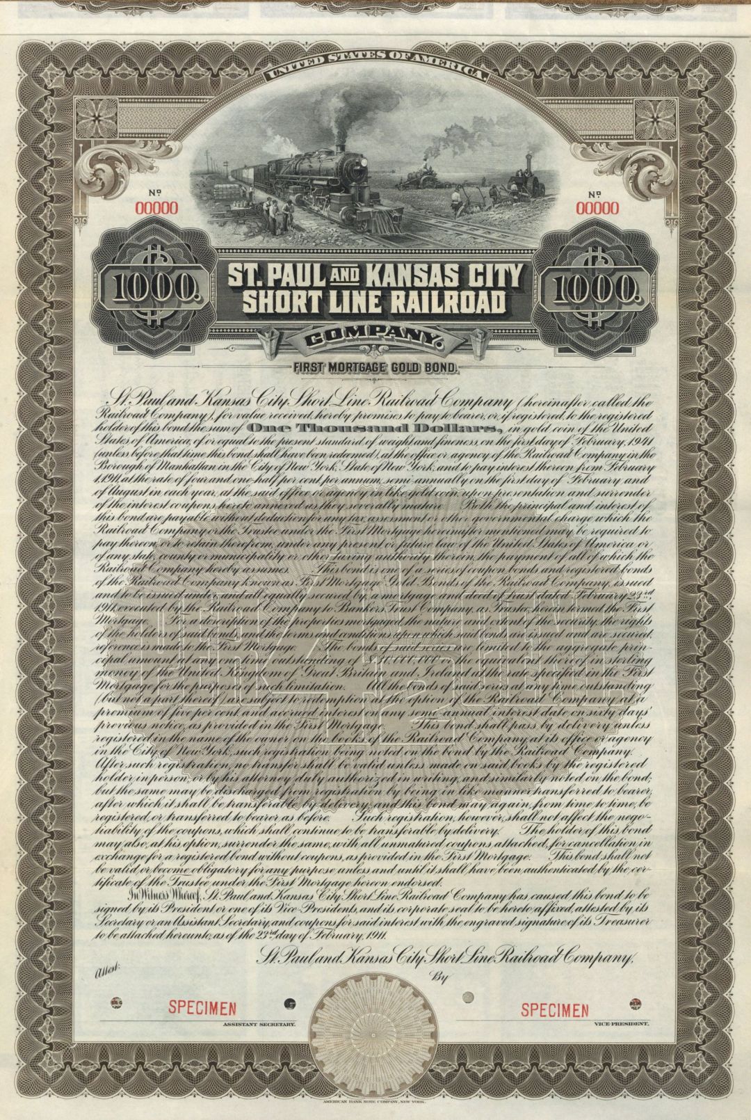 St. Paul and Kansas City Short Line Railroad Co. - Various Denominations Available - 1911 dated Specimen Railway Gold Bond - Specify Color when Ordering