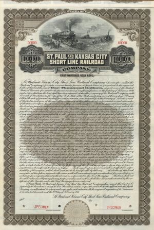 St. Paul and Kansas City Short Line Railroad Co. -  Various Denominations Specimen Bond