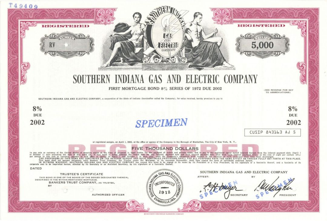 Southern Indiana Gas and Electric Co. -  $5,000 Specimen Bond