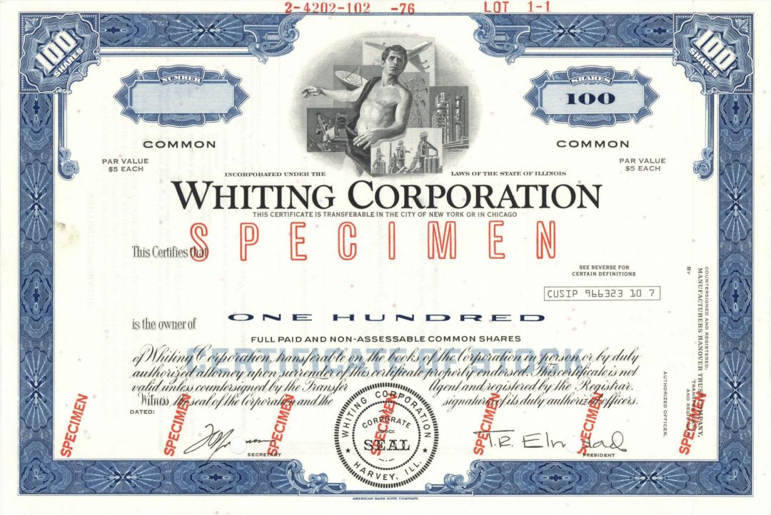 Whiting Corp. -  Specimen Stock Certificate