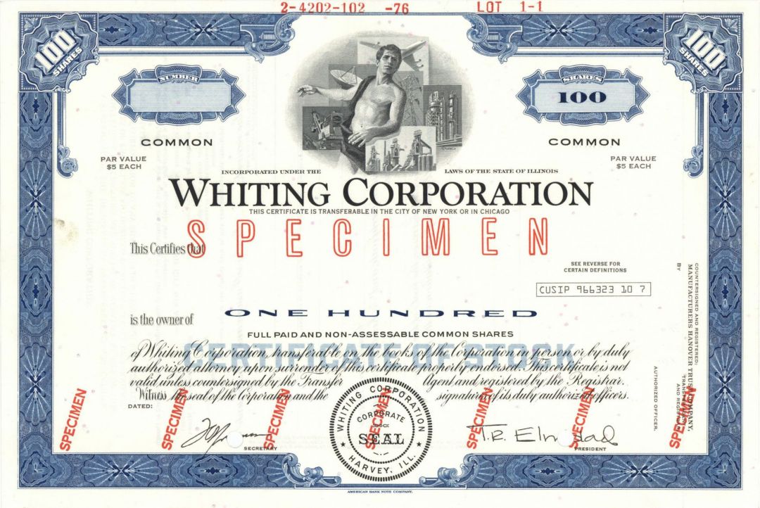 Whiting Corporation - Specimen Stock Certificate