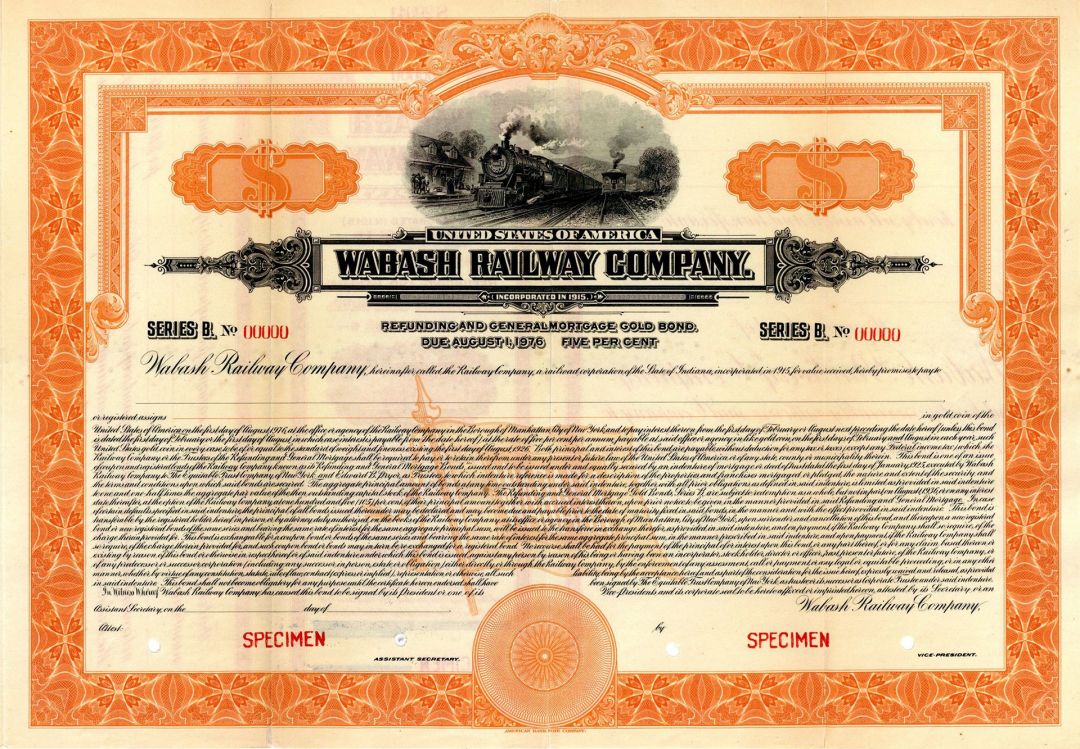 Wabash Railway Co. -  Specimen Bond