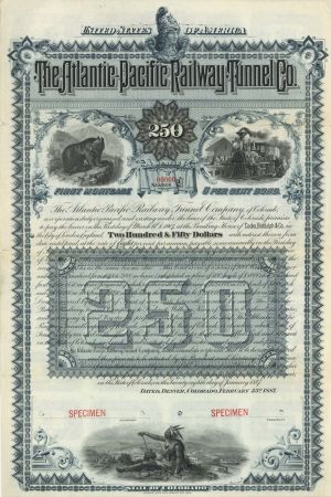 Atlantic-Pacific Railway Tunnel Co. - 1887 dated 8% $250 Railroad & Mining Specimen Bond