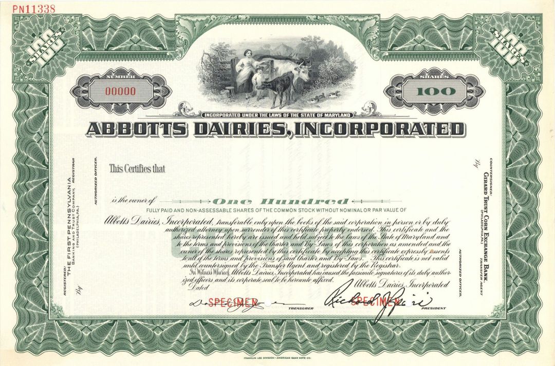 Abbotts Dairies, Inc. - Specimen Stock Certificate