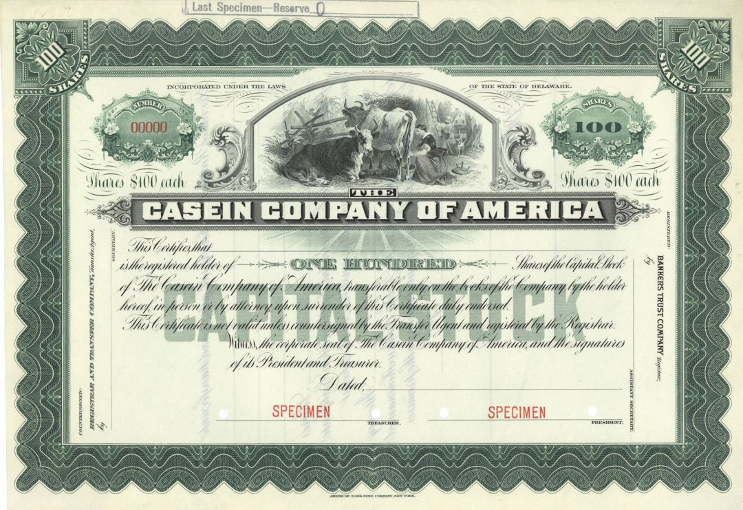 Casein Company of America - Specimen Stock Certificate