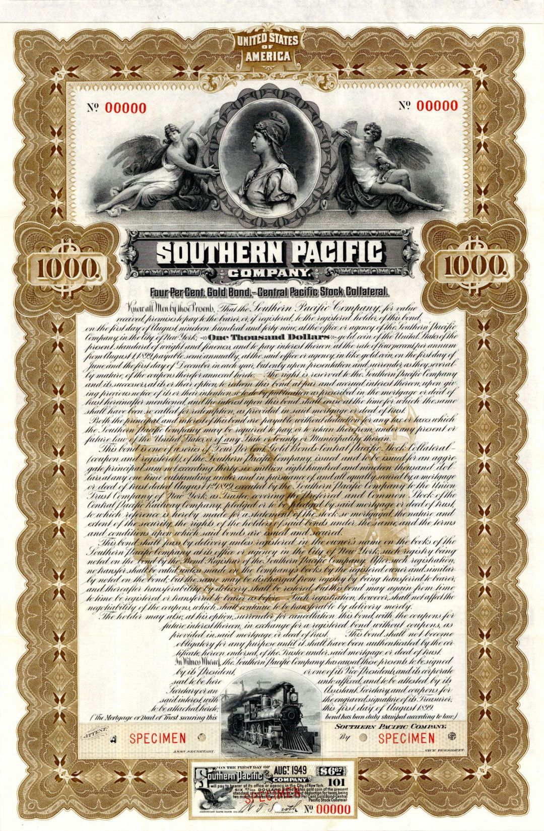 Southern Pacific Co. - $1,000 or $500 Specimen Bond