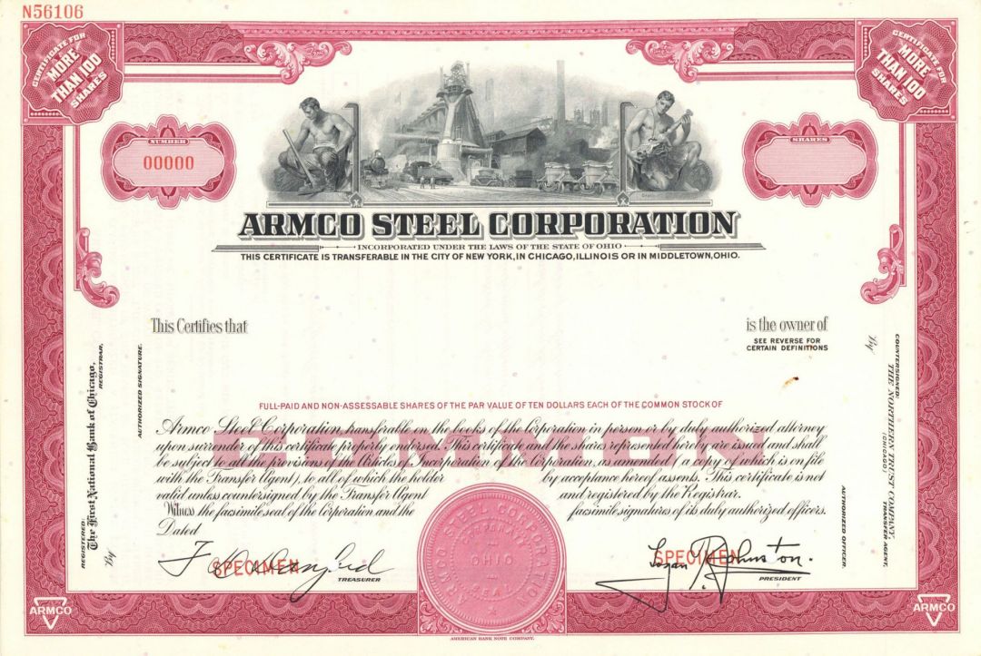 Armco Steel Corp. - Speciman Stock Certificate