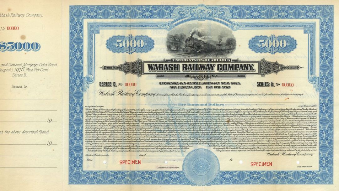Wabash Railway Co. - $5,000 or $1,000 Speciman Bond