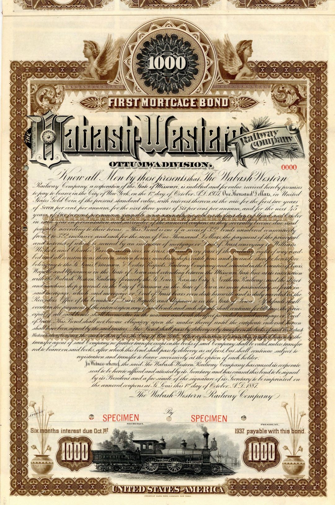 Wabash-Western Railway Co. - $1,000 Speciman Bond