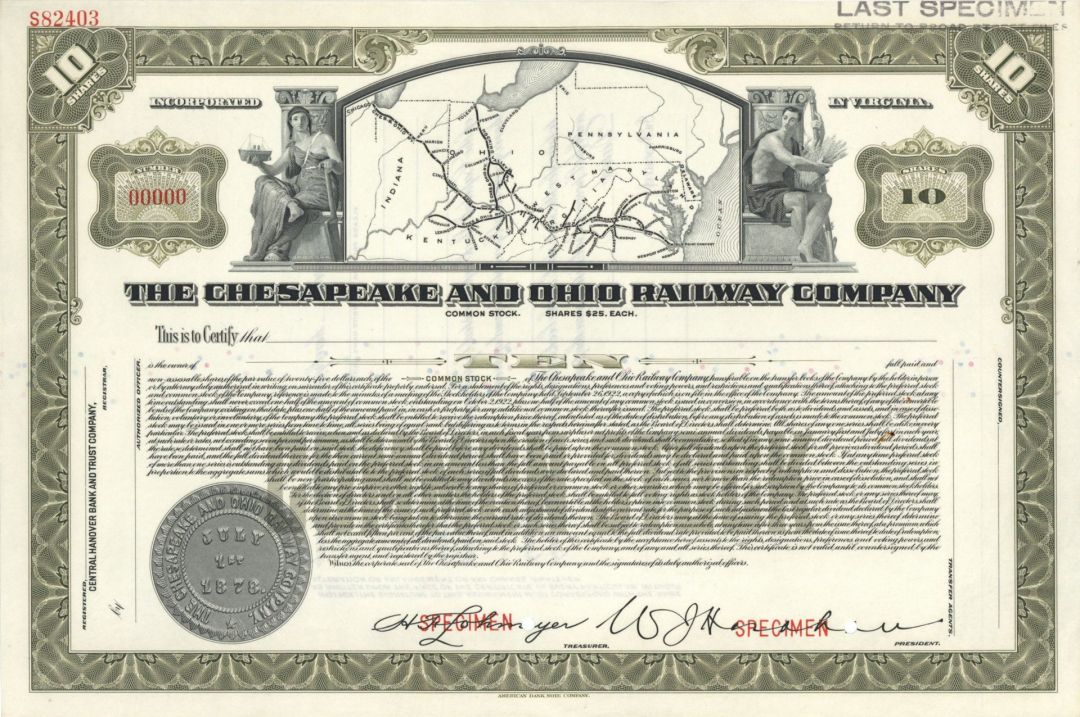 Chesapeake and Ohio Railway Co. - Specimen Stock Certificate