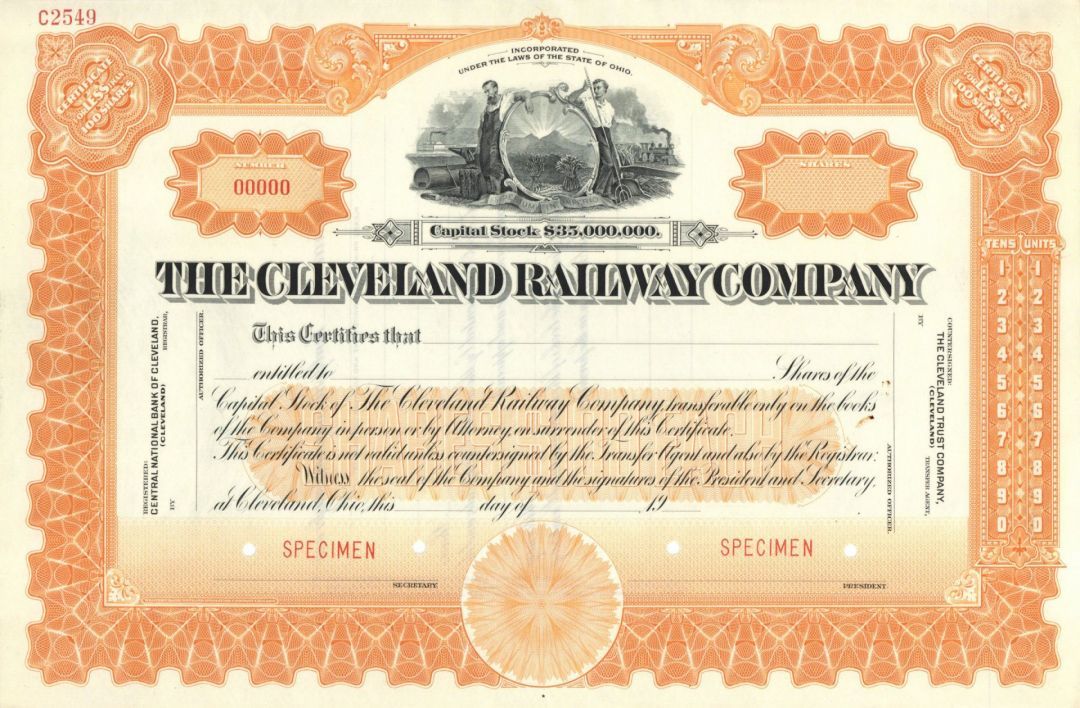 Cleveland Railway Co. - Specimen Stock Certificate