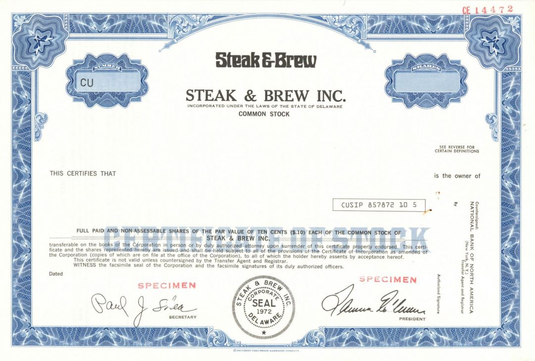 Steak and Brew Inc. - Specimen Stock Certificate