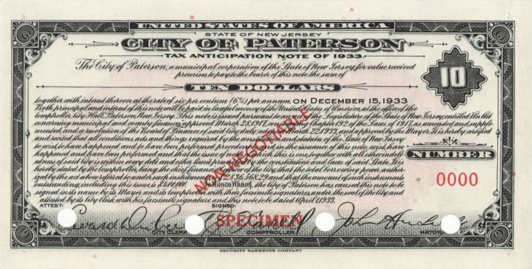 City of Paterson Specimen Tax Note - Specimen Stocks and Bonds