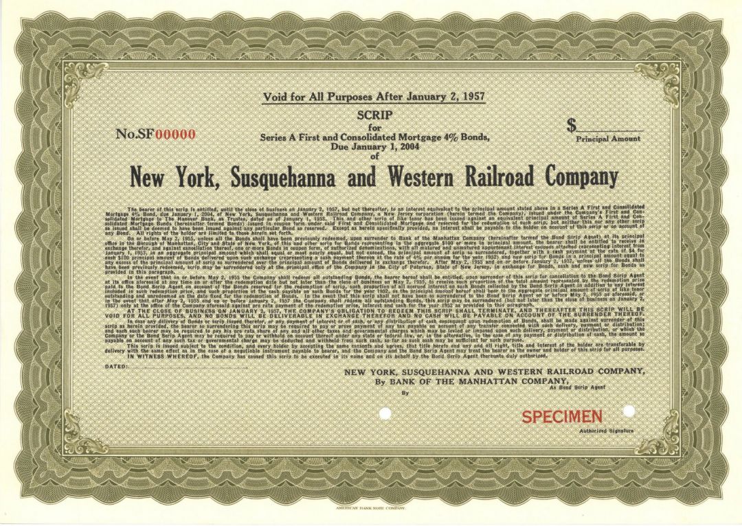 New York, Susquehanna and Western Railroad Co. - 1950's dated Specimen Scrip Certificate