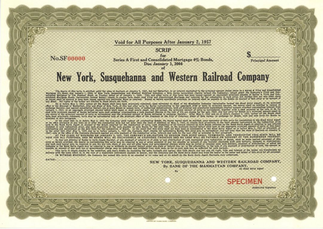 New York, Susquehanna and Western Railroad Co. - 1950's dated Specimen Scrip Certificate