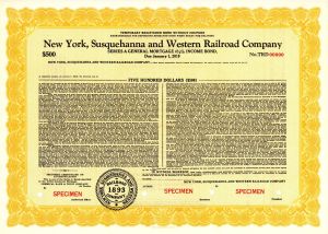 New York, Susquehanna and Western Railroad Co. -  Various Denominations Specimen Bond